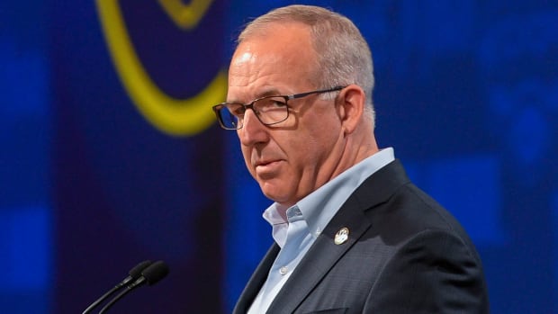 SEC Commissioner Greg Sankey at the podium in Nashville at SEC Media Days